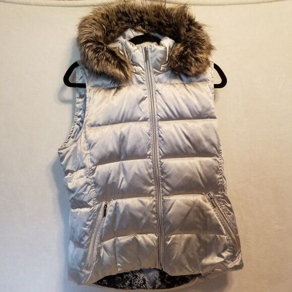Lands End Medium Vest Jacket Silver Down Puffer Pockets Removable Hood Gorpcore - Picture 1 of 11